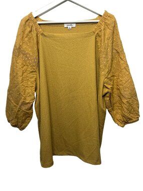 Soleillee Plus Size 2X Yellow Textured Peasant Blouse Puff Sleeve Boho Top
